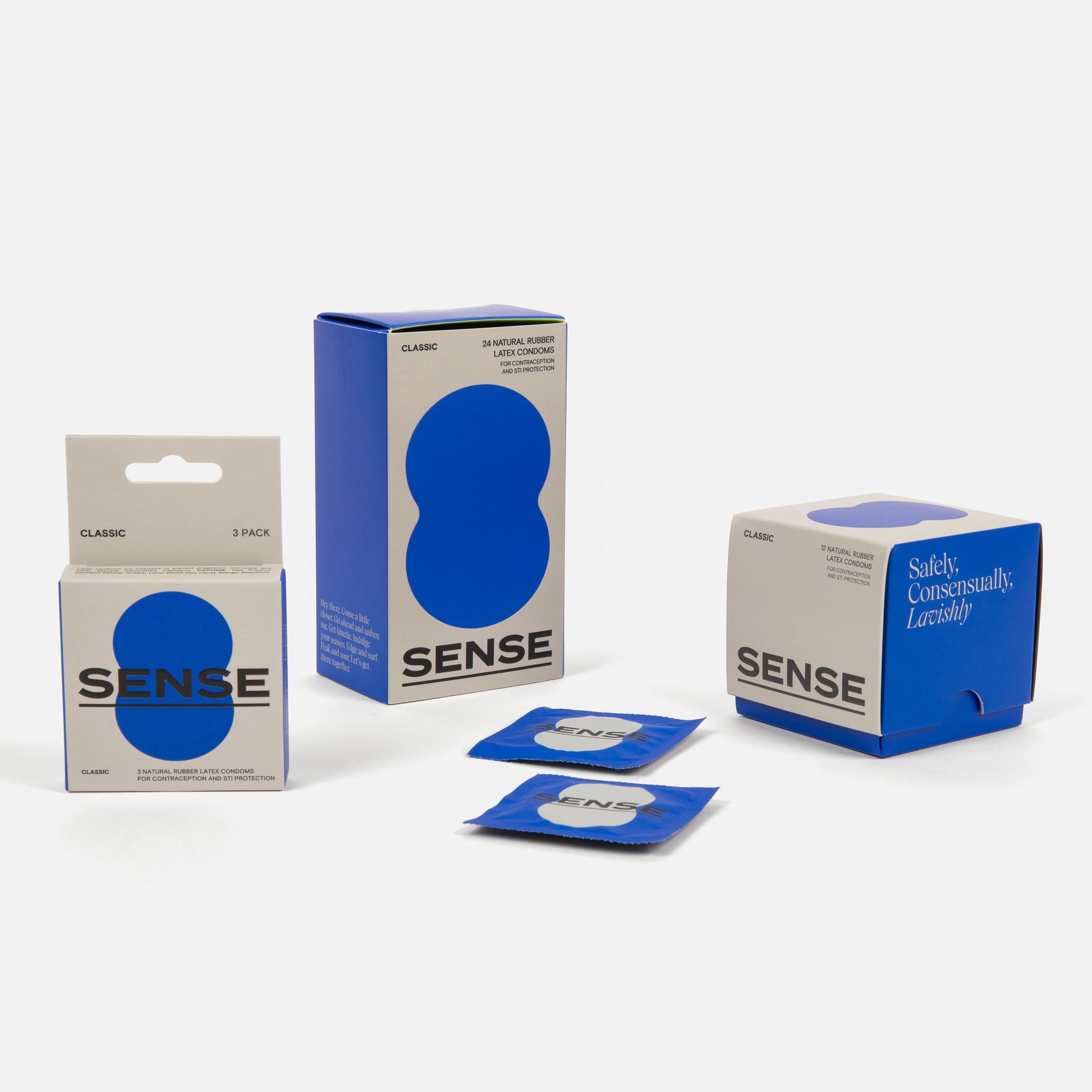 Sense premium natural rubber latex condoms in different presentations