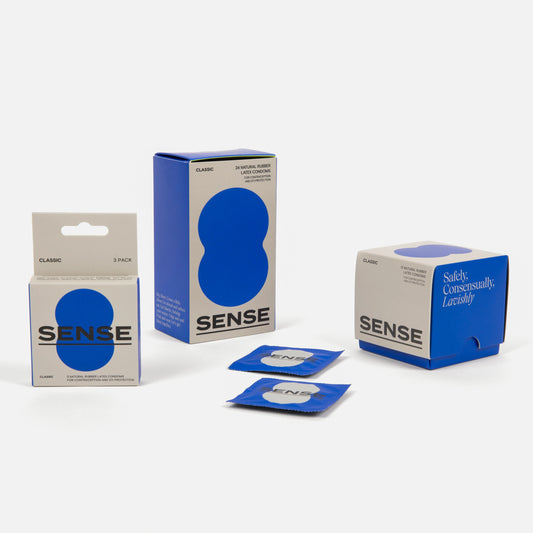 Sense premium natural rubber latex condoms in different presentations