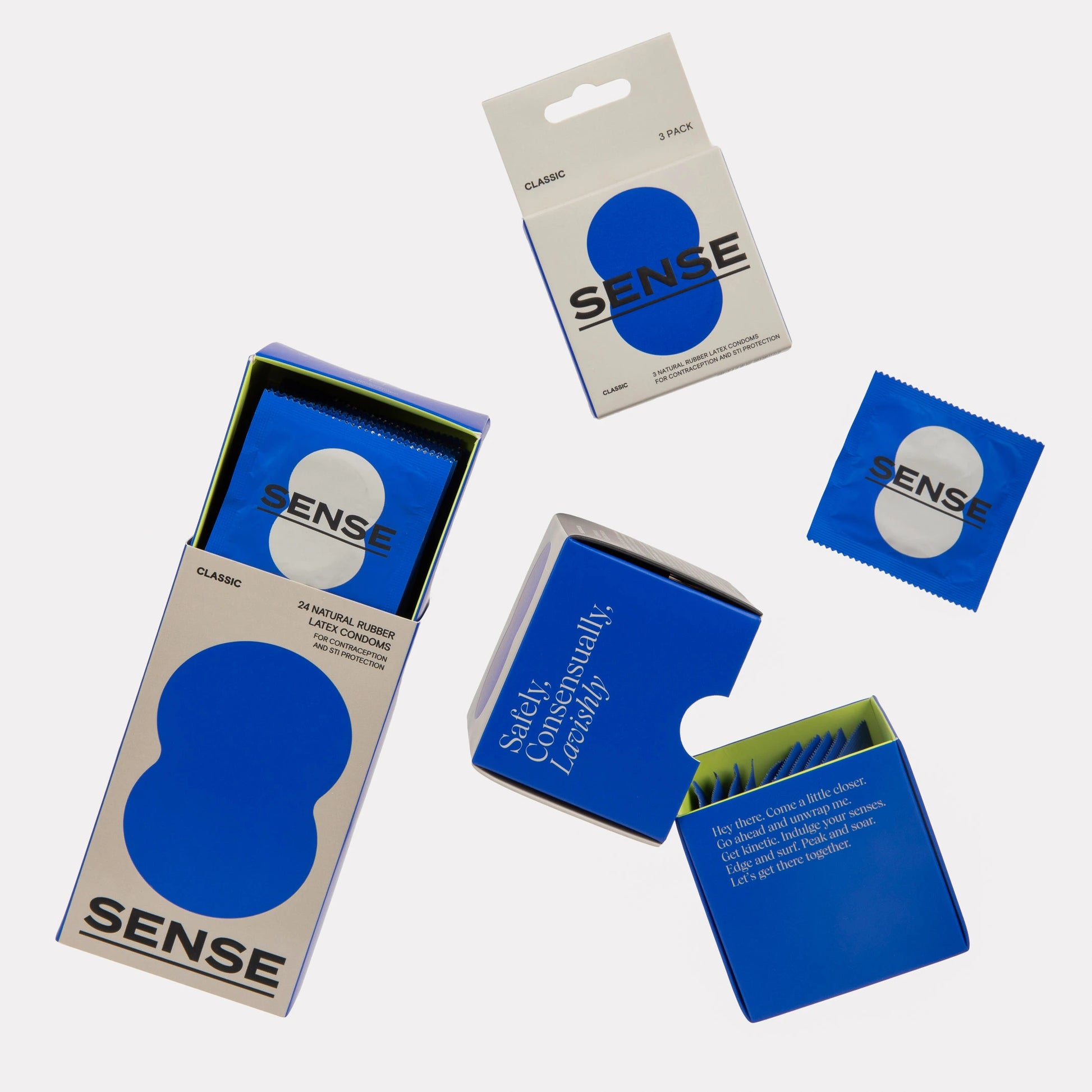 Different presentations of Sense premium natural rubber latex condoms