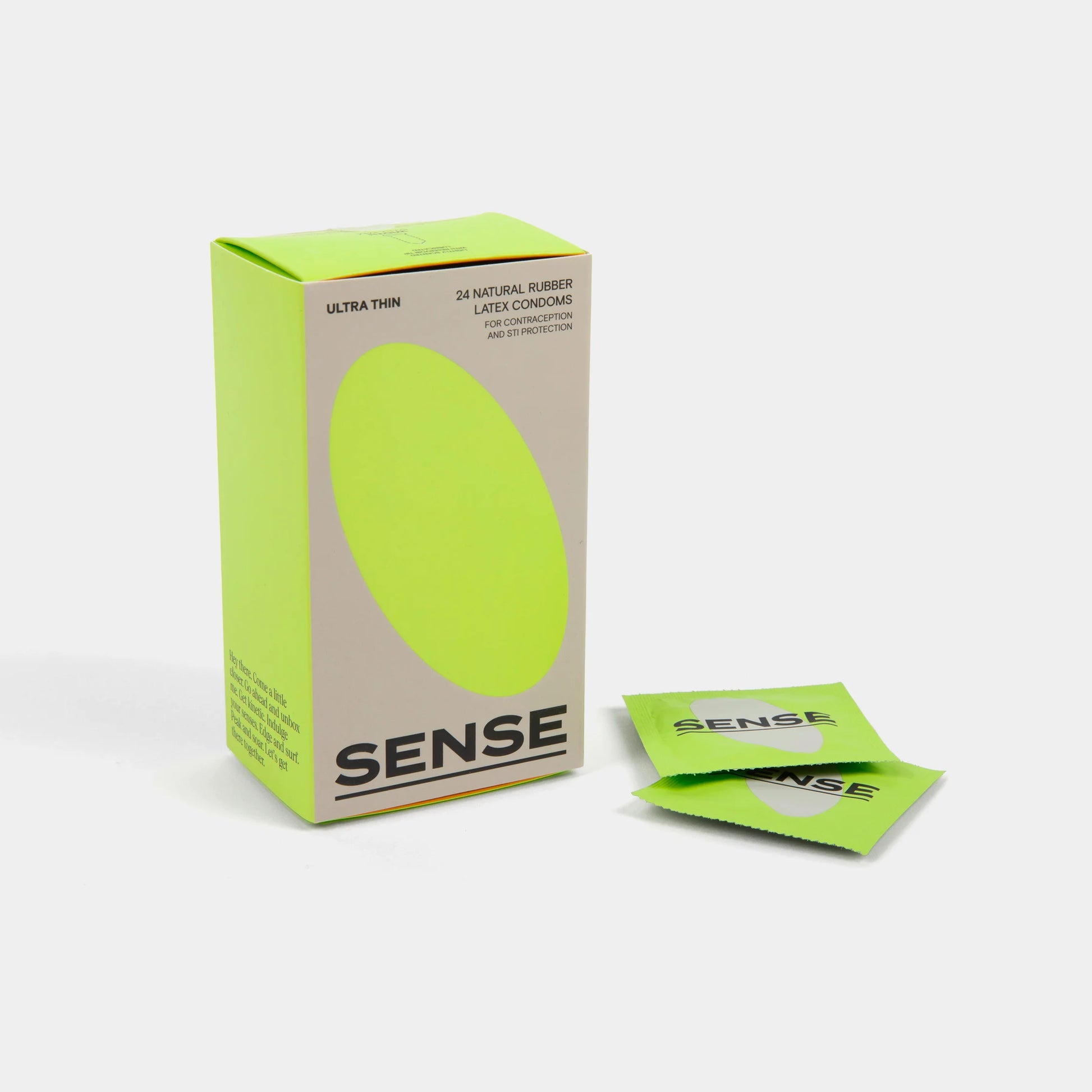 Front view of sense ultra thin natural rubber latex condoms 24 pack