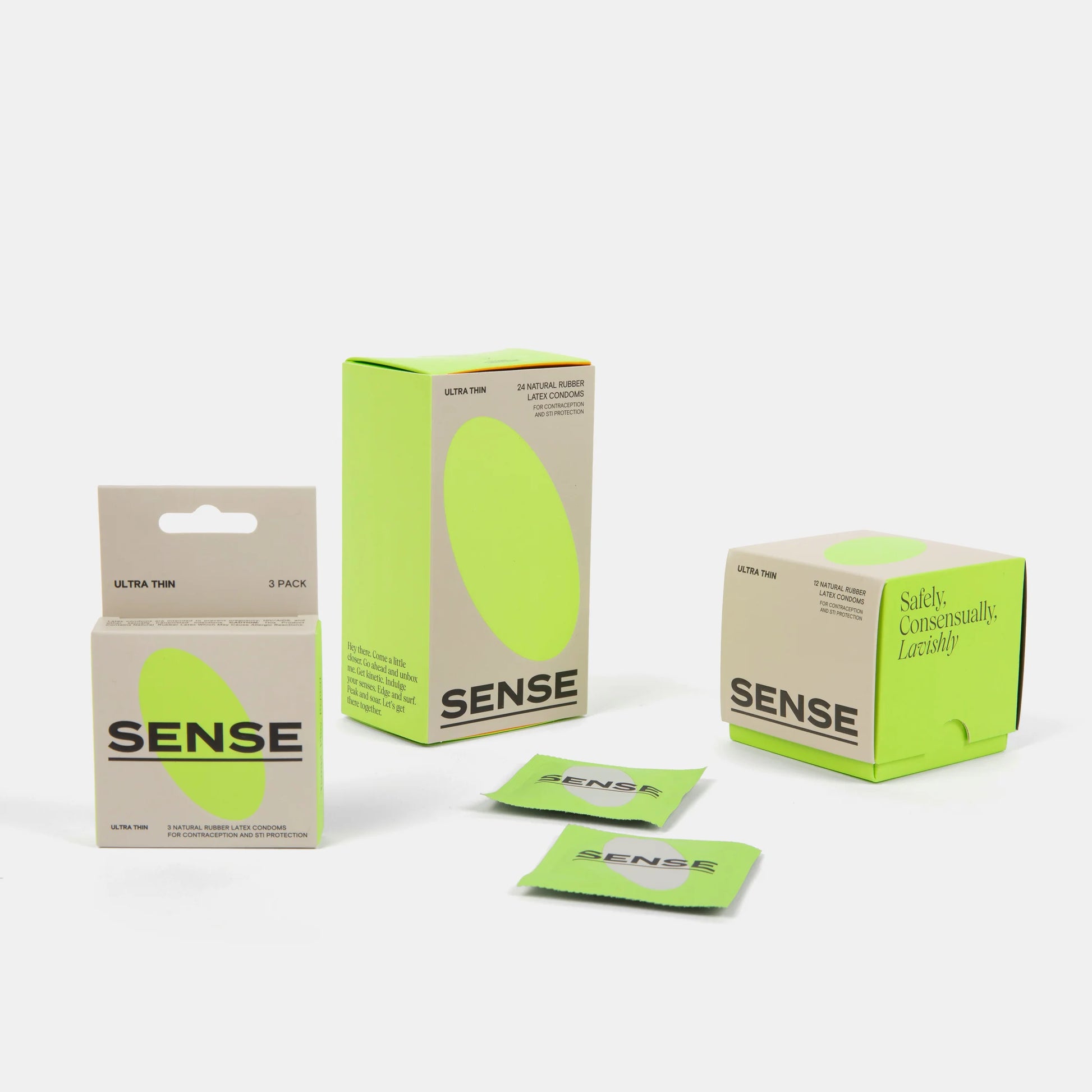 Different presentations of sense ultra thin natural rubber latex condoms packs